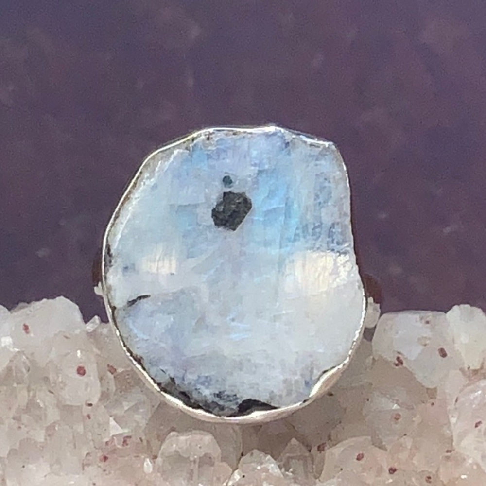 BLACK TOURMALINE IN RAINBOW MOONSTONE 925 STERLING SILVER RING, SIZE 7